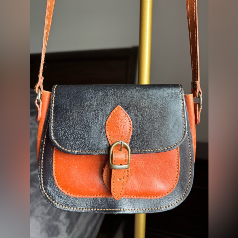 Vintage Italian Leather Crossbody Bag Black Cognac Tooled Accent Made in Italy